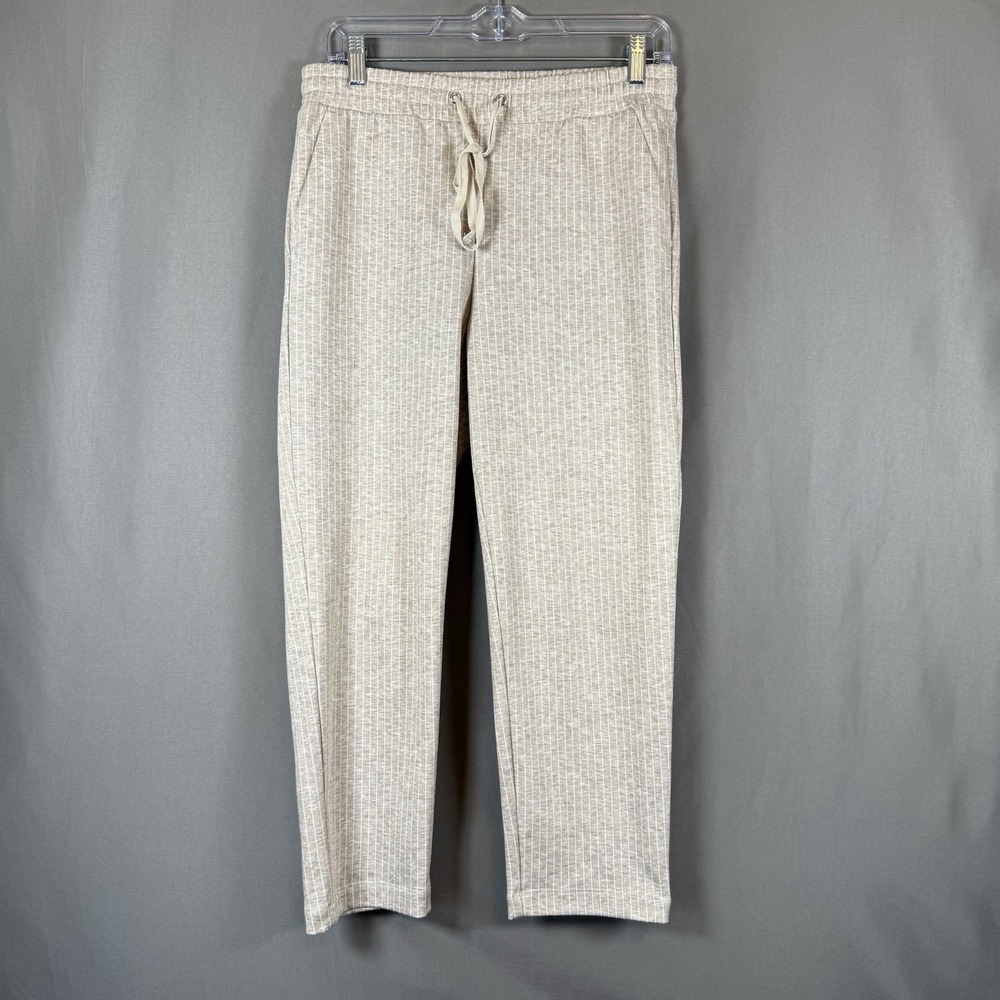 LOFT Women's Pull On Elastic Waist Striped Drawstring Pants Beige Gray White SP